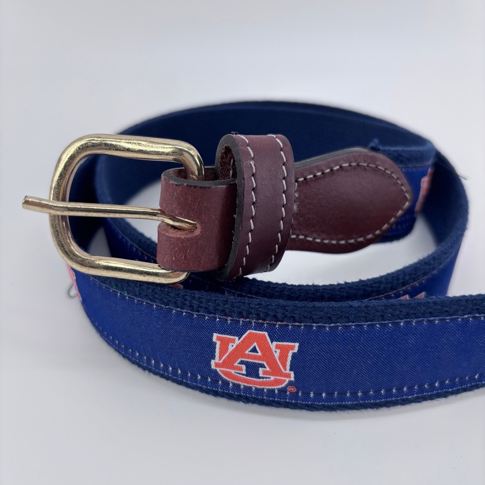 Auburn Tigers Ribbon Webbing Belt Mens 42 Navy Blue AU Logo Canvas Leather